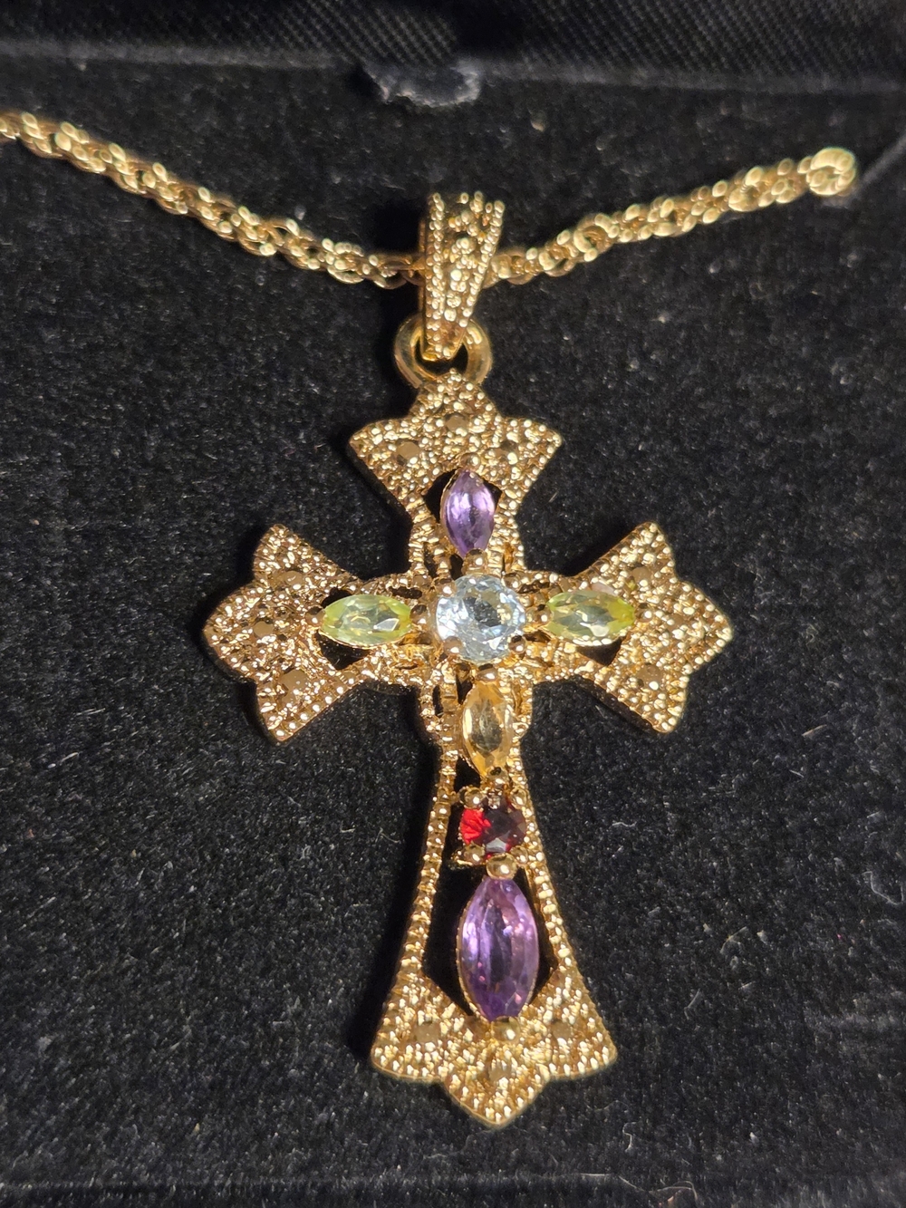 Multi-Gemstone Cross Pendant Gold Tone  Genuine Gemstones
